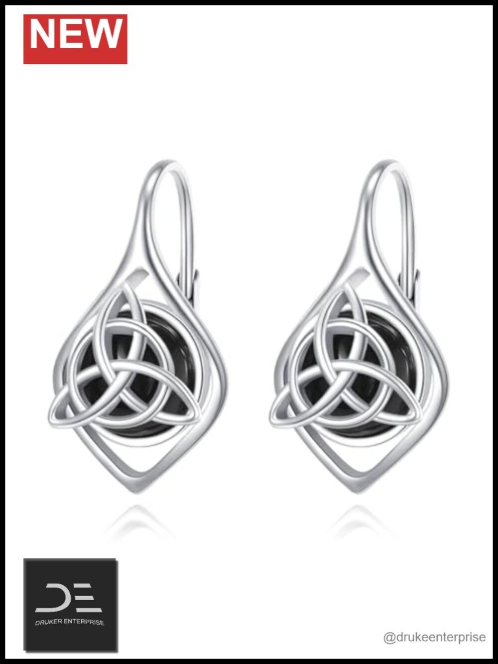 Sterling Silver Celtic Knot Leverback Earrings 8mm Black Onyx Dangle